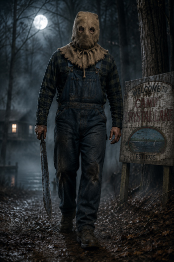 DIY Jason Voorhees Costume with burlap sack and denim overalls