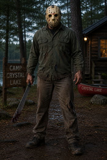 DIY Jason Voorhees New Beginning Costume with hockey mask and work clothes