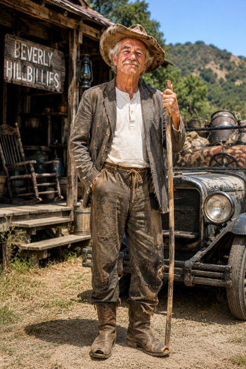 DIY Jed Clampett costume with worn dark coat wide-brimmed hat rope belt and mustache from The Beverly Hillbillies