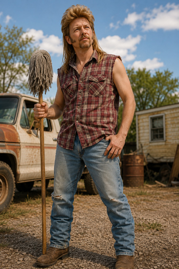 DIY Joe Dirt Costume with mullet, sleeveless plaid shirt, and mop prop