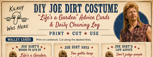 Free printable "Life's a Garden" advice cards & Daily Cleaning Log for your DIY The Joe Dirt Costume