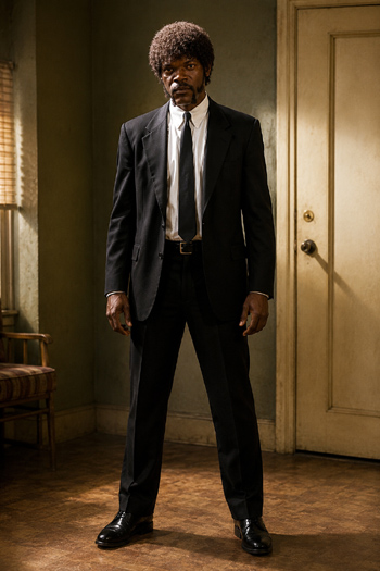 DIY Jules Winnfield Costume with black suit and afro