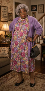 DIY Madea costume with floral house dress gray wig pearl necklace and reading glasses inspired by Tyler Perry