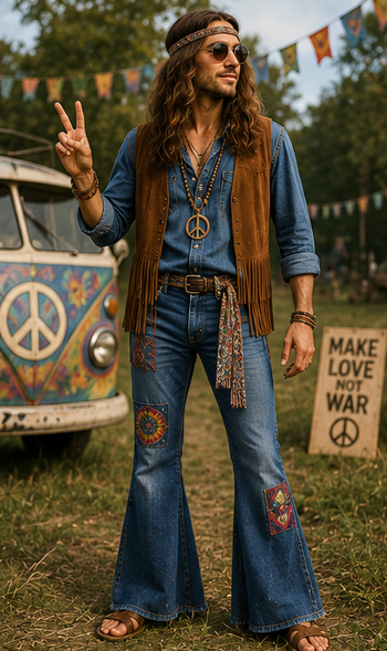 DIY Male Hippie Costume with bell bottoms, fringe vest, and round sunglasses