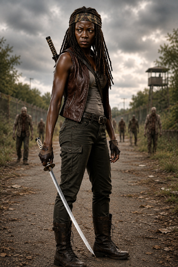 DIY Michonne Walking Dead Costume with katana, dreadlocks, and brown vest