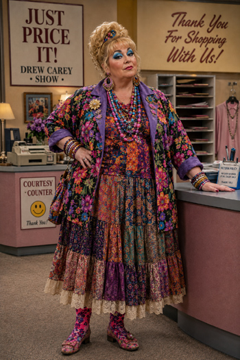 DIY Mimi Bobeck costume with floral jacket patterned blouse chunky jewelry and bold blue eyeshadow