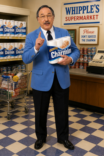 DIY Mr. Whipple Costume with powder blue blazer, gold glasses, and Charmin package