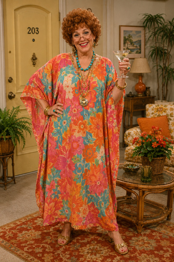 DIY Mrs. Roper costume with bright caftan short curly red wig oversized jewelry and reading glasses from Three's Company