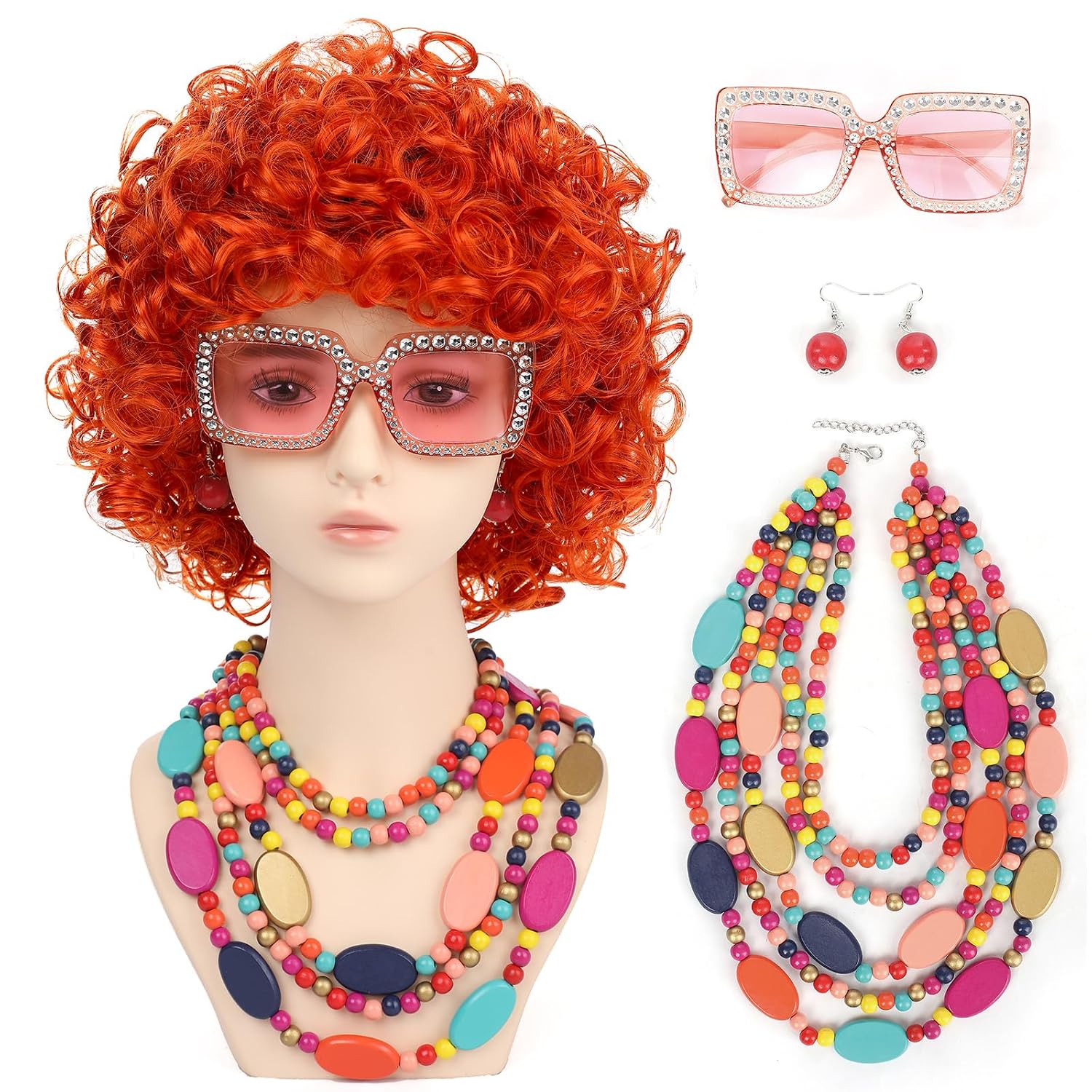 Mrs. Roper Curly Red Wig with Necklace Earrings and Sunglasses for DIY Mrs. Roper Costume
