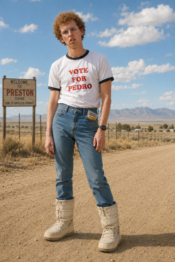 DIY Napoleon Dynamite costume with curly hair thick aviator glasses Vote for Pedro shirt and moon boots
