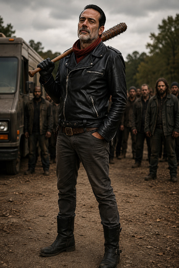 DIY Negan Walking Dead Costume with leather jacket, red scarf, and barbed wire bat