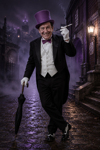 DIY Penguin Costume with tuxedo, purple top hat, and monocle