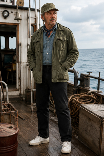 DIY Quint costume with olive field jacket chambray shirt shark tooth necklace and shark plush toy from Jaws