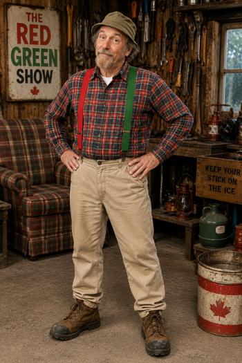 DIY Red Green Costume with plaid flannel shirt and duct tape