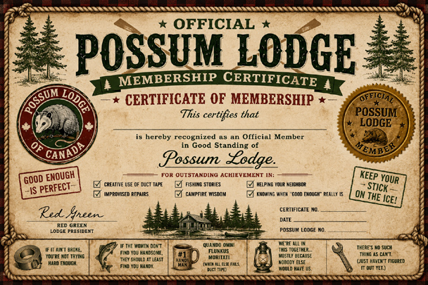 Free printable Possum Lodge Certificate for your DIY Red Green Costume
