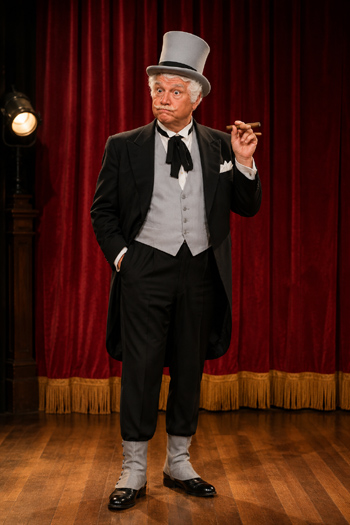 DIY San Fernando Red Costume with tailcoat, gray top hat, and white mustache.