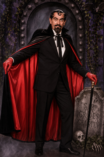 DIY Sir Graves Ghastly Costume with red lined cape and spit curls
