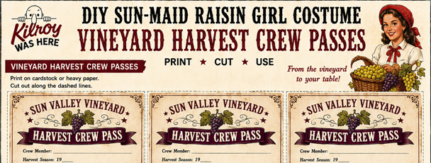 Free printable Harvest Crew Pass & Harvest Record Sheets for your DIY Sun-Maid Raisin Girl Costume