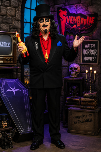 DIY Svengoolie Costume with top hat and rubber chicken necklace