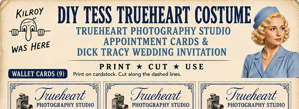 Free printable Trueheart Photography Studio Cards & Dick Tracy Wedding Invitation for your DIY Tess Trueheart Costume