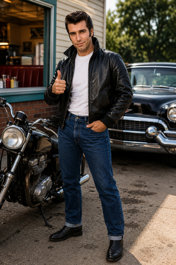DIY The Fonz Happy Days Costume with leather jacket, slicked back hair, and rolled jeans