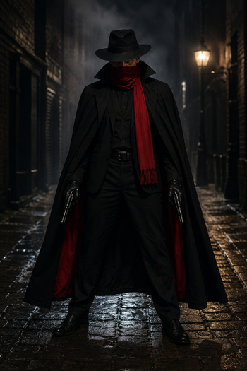 DIY The Shadow Costume with black cape, wide brim hat, and red scarf