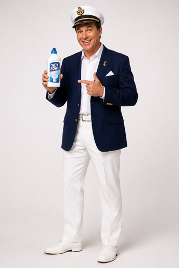 DIY Tidy Bowl Man Costume with navy blazer, captain hat, and cleaner bottle