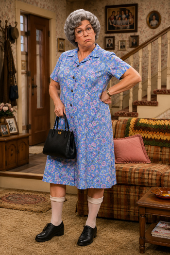 DIY Vicki Lawrence Mama Costume with floral dress, gray wig, and fly swatter