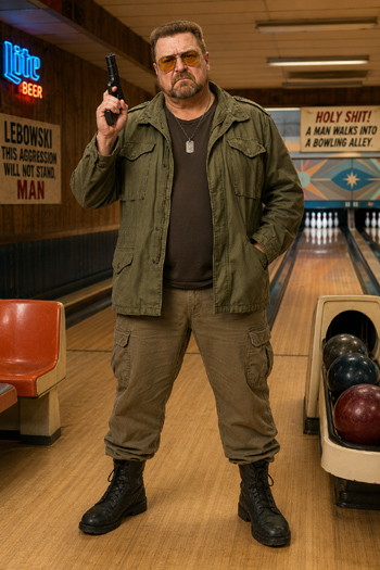 DIY Walter Sobchak costume with olive field jacket yellow shooting glasses cargo pants combat boots and bowling ball bag from The Big Lebowski