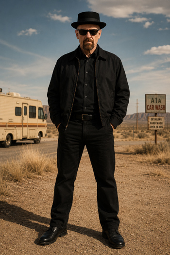 DIY Walter White Heisenberg Costume with black pork pie hat wraparound sunglasses black bomber jacket and trimmed goatee from Breaking Bad