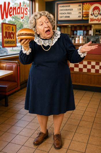 DIY Where's the Beef Costume with navy dress, gray wig, and burger prop