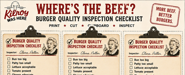 Free printable Burger Quality Inspection Checklists & Certified Beef Inspector Cards for your DIY Where's the Beef? Costume