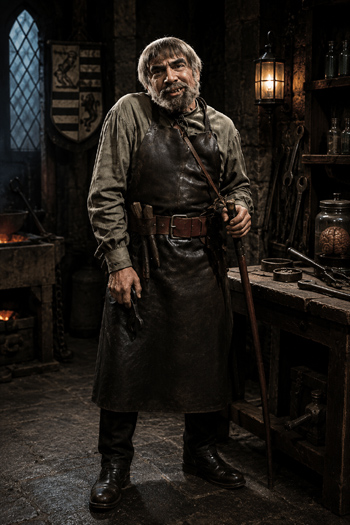 DIY Ygor Costume with leather apron, bowl haircut, and cane
