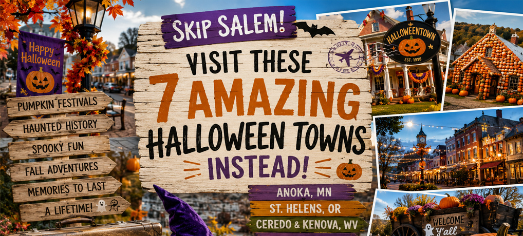 Colorful Halloween travel collage featuring amazing Halloween towns with festive streets, pumpkins, autumn decorations, vintage luggage, and charming small-town fall celebrations.