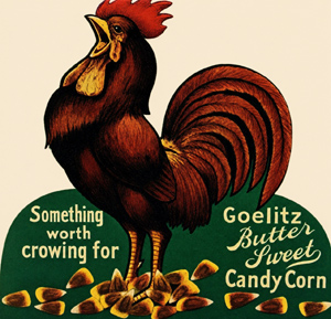 Vintage Goelitz Chicken Feed candy corn package featuring the original rooster design