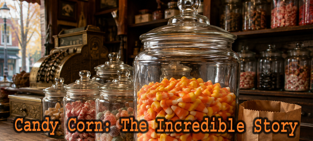 Vintage candy shop counter filled with candy corn and old-fashioned sweets