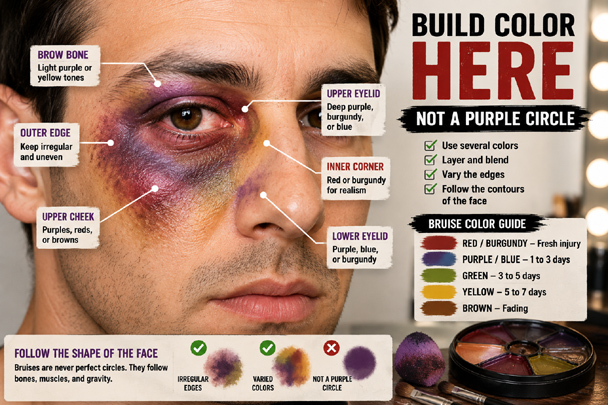 DIY Black Eye Makeup guide showing where to place and layer realistic bruise colors around the eye instead of creating a solid purple circle.