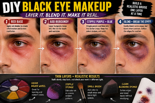 DIY Black Eye Makeup tutorial showing how to layer red, burgundy, purple, and blue before blending the edges for a realistic bruise.
