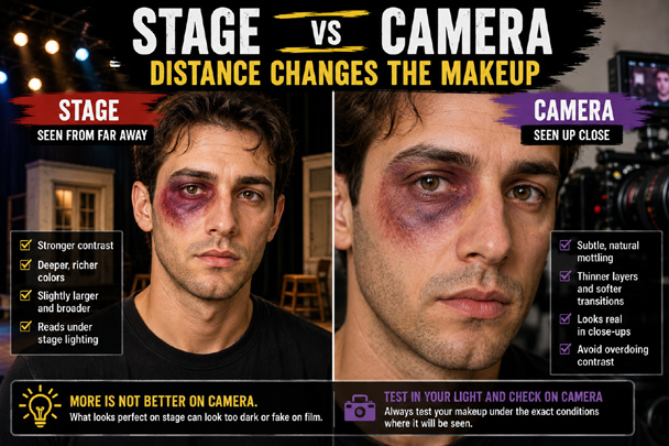 DIY Black Eye Makeup comparison showing stronger theatrical bruise makeup for stage and softer, detailed makeup for camera close-ups.