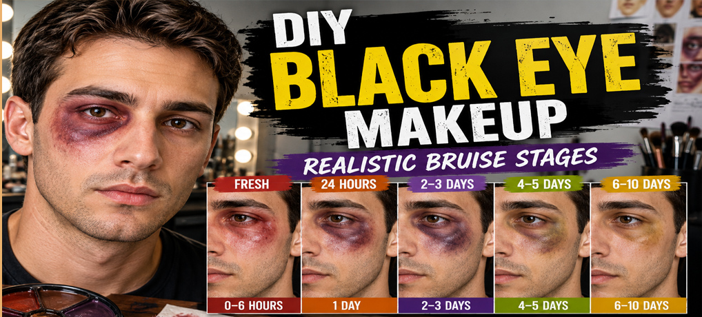 DIY Black Eye Makeup showing realistic bruise stages from a fresh injury through 6–10 days of fading for Halloween, stage, and film.