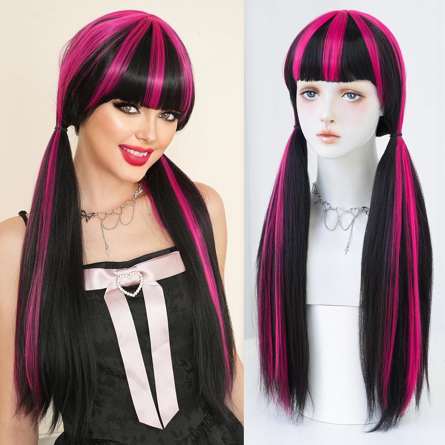 Black and Pink Double Ponytail Wig for DIY Draculaura Monster High Costume