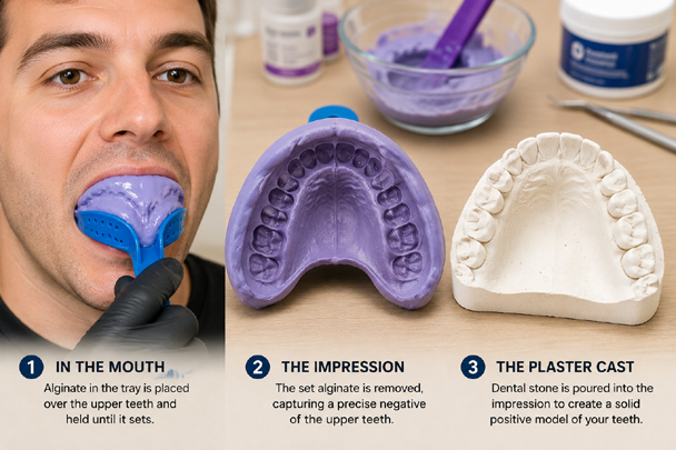 DIY Fake Teeth tutorial showing an alginate dental impression and plaster cast of the upper teeth.