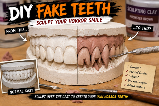 DIY Fake Teeth tutorial showing clay sculpted over a plaster dental cast to create crooked, pointed horror teeth.