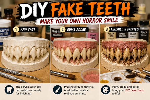 DIY Fake Teeth tutorial showing raw acrylic horror teeth, added prosthetic gums, and the finished stained and detailed teeth.