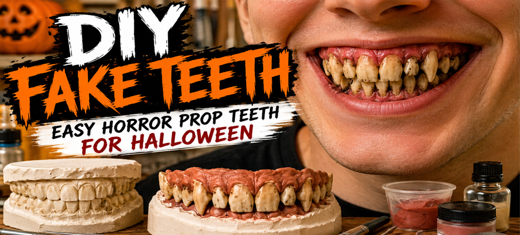 DIY Fake Teeth horror prop showing handmade creepy teeth, dental molds, and special effects tools for Halloween.