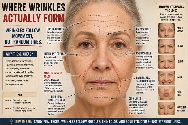 DIY Old Age Makeup guide showing where natural wrinkles form on the forehead, around the eyes, nose, mouth, lips, and chin as the face moves.