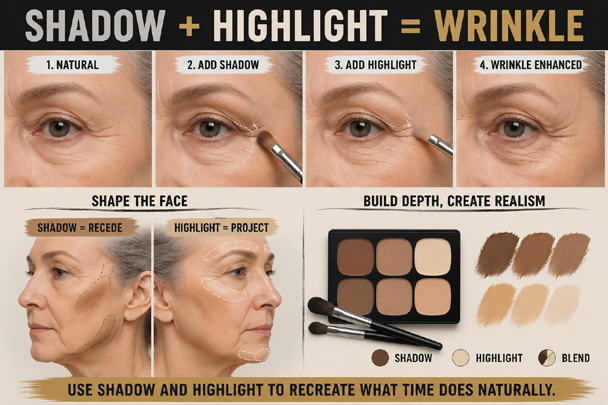 DIY Old Age Makeup tutorial showing how shadow and highlight can enhance natural wrinkles and create realistic depth in an aging face.