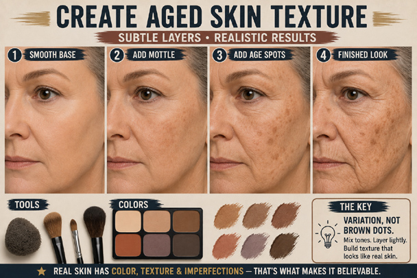 DIY Old Age Makeup tutorial showing how to build realistic aged skin texture with subtle mottling, age spots, varied colors, and layered imperfections.