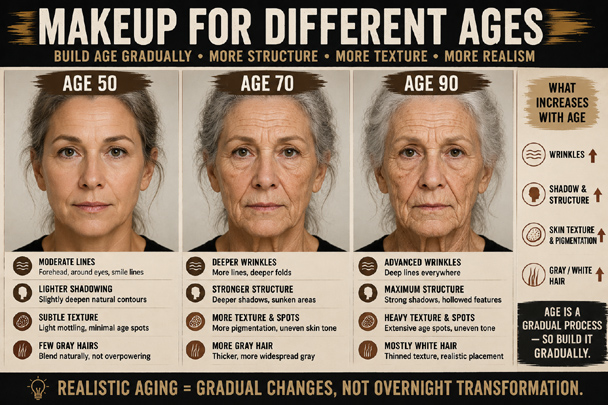 DIY Old Age Makeup comparison showing realistic aging techniques for ages 50, 70, and 90 using wrinkles, facial shadows, skin texture, and gray hair.