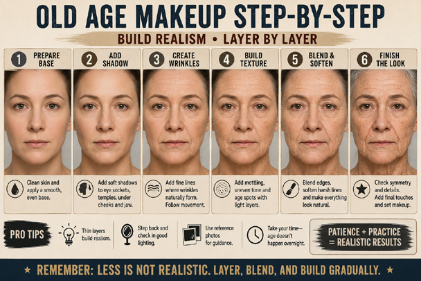 DIY Old Age Makeup step-by-step guide showing how to build realistic aging with facial shadows, wrinkles, skin texture, blending, and finishing details.